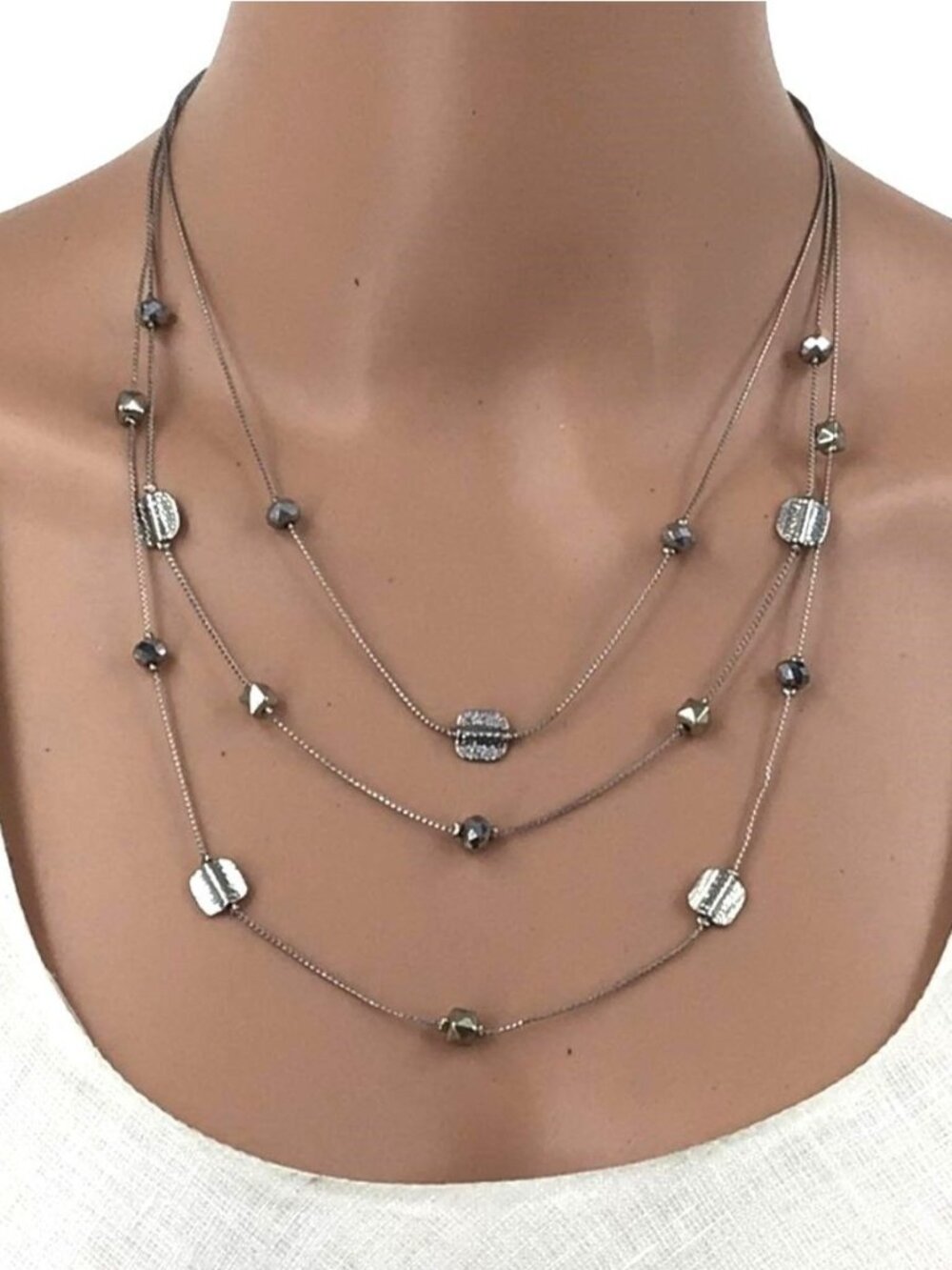 Charming Charlie Necklace Triple Strand Beaded Silver Tone Adjustable Length